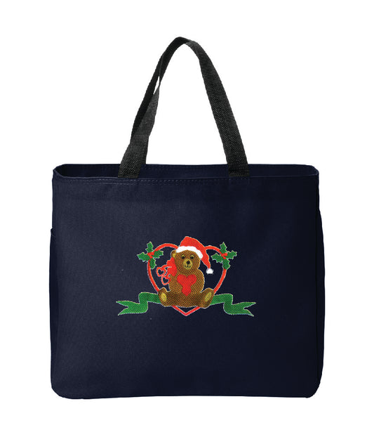 Christmas Bear with Heart Embroidered Tote Bag